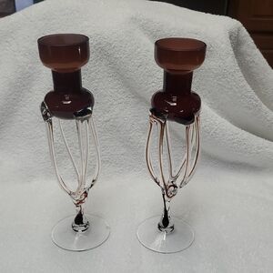 Polish Hand Blown Glass Candle Holders Jellyfish Sculptural Amber Brown VTG